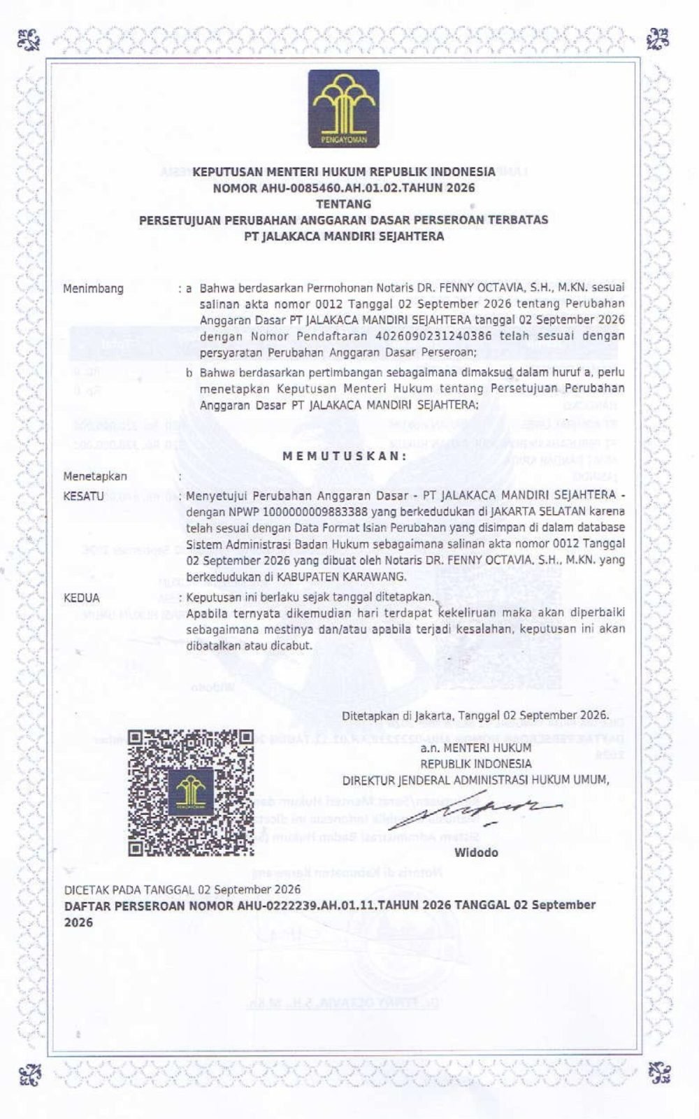 SK Persetujuan Perubahan Anggaran Dasar dan SP Perubahan Data Perseroan PT JALAKACA MANDIRI SEJAHTERA-images-0