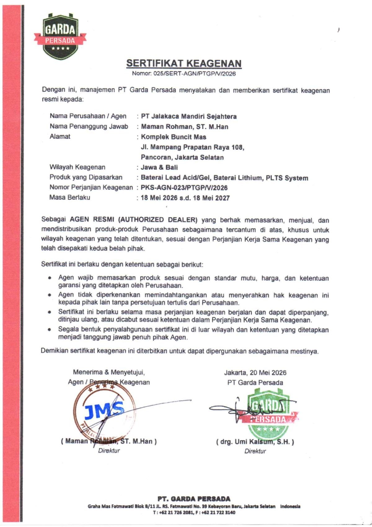 Sertifikat Keagenan PT JMS - PT Garda Persada_page-0001